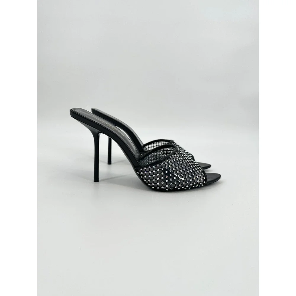 Saint Laurent Paris Luz Black Mesh Crystal Embellished Stiletto Mules Heels 39